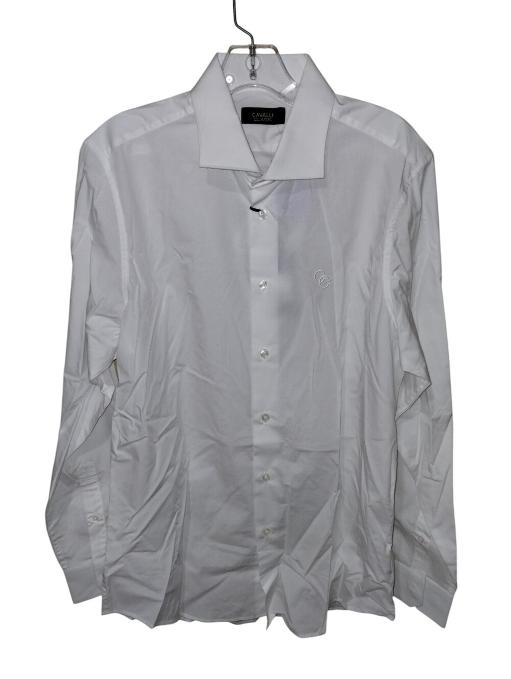 Class Cavalli Comfort Fit Logo Dress Shirt 16N White Cotton Angled Cuffs Nwt